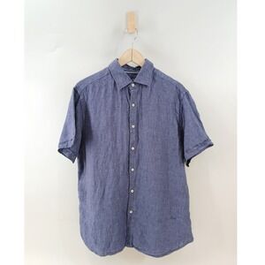 Porter & Ash Linen Button Up Shirt Mens Large Blue Short Sleeve Classic